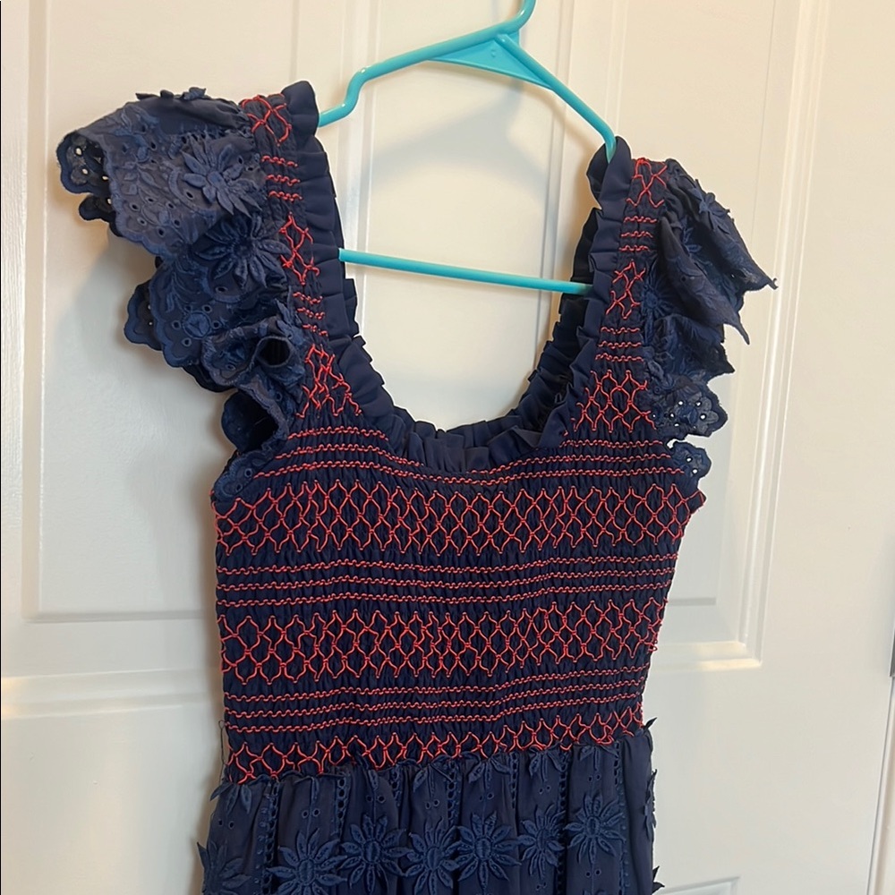 Navy Blue Smocked Eyelet Sundress with Coral Contrast Stitching